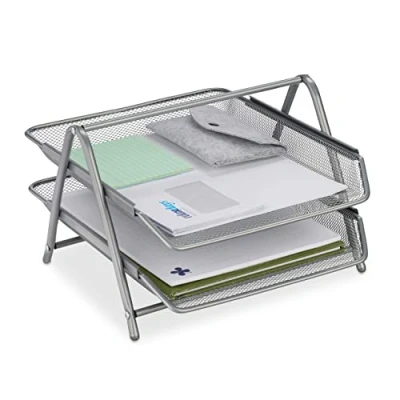 Image de Relaxdays Range Documents, 2 Niveaux, Organiseur Bureau en métal, HxLxP : 20,5 x 30 35,5 cm, Aspect Maille, Argent