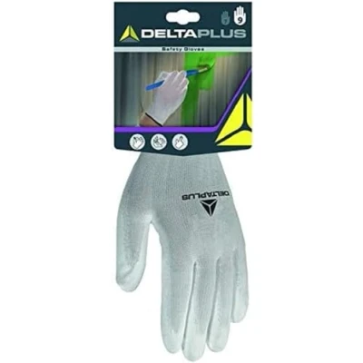 Image de Delta Plus DPVE702P09 Gant en Polyester à Mailles Fines, Paume PU, Division 13 Directions, Blanc, Taille 9, 1 Paire