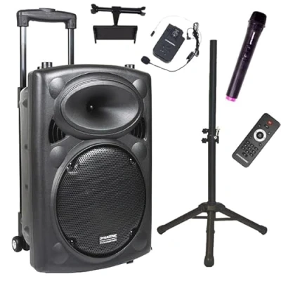 Image de DYNASONIC DYNAPRO 12 Plus (Pack Trépied 3ª Gen) Enceinte Bluetooth Portable Professionnelle, Haut Parleur Puissant 700 W, 2 Microphones Karaoké, Support Tablette et UHF