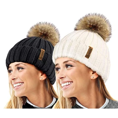 Image de TOSKATOK® Femmes Hiver Rib Bonnet/Beanie avec Chunky détachable en Fausse Fourrure Bobble Pom Taille Unique Black Cream