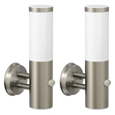 Image de ledscom.de 2 pièces Applique PORU pour l&#039;extérieur, IP44, détecteur de mouvement, acier inoxydable, inox mat, ronde, 1x E27 max. 40W