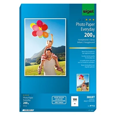 Image de SIGEL Ip712 Papier Photo Everyday Jet d&#039;encre, Ultra Brillant, Format A4 (21 X 29,7 cm), 200 G/M², 100 Feuilles