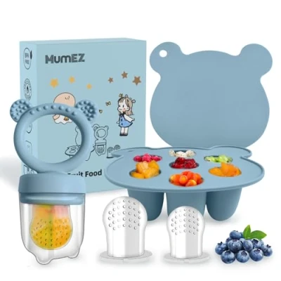 Image de MumEZ Tetine Grignoteuse Bébé, Set de Mangeoire Pratique pour Plateaux Congélation Aliments Bébé Inclus, Fruits bebe Sans BPA, Tetines Enfants 3 à 24 Mois (Bleu)