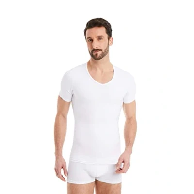 Image de FINN T Shirt Gainant pour Hommes avec col en V Maillot de Corps Shapewear à Manches Courtes Coton Compression Body Shaper Un Ventre Plus Plat Blanc S