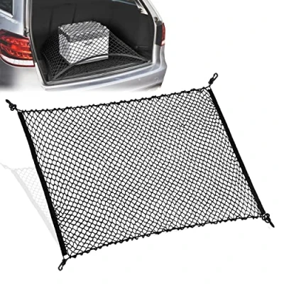 Image de Filet de Coffre Voiture avec 4 Crochets,Nylon Bagages Fixe,Filet Maille Rangement Arrière en Elastique pour Plupart des Voitures (Noir)