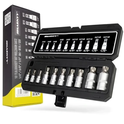 Image de XZN Jeu de 10 douilles multidents 1/4&quot;, 3/8&quot;, 1/2&quot;, alésage frontal M4, M5, M6, M8, M9, M10, M12, M14, M16, M18