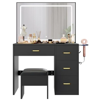 Image de YITAHOME Coiffeuse avec Miroir, 4 tiroirs, éclairage, Prise de Courant, Noire (Table Maquillage, Coiffeuse, Table vanité)