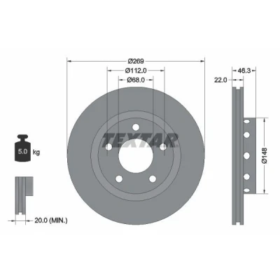 Image de TEXTAR 92098400 Disque de frein 269 22 05/05 112 ventilé l&#039;extérieur sans boulon fix roue, moyeu roue AUDI: A8 D3, D2