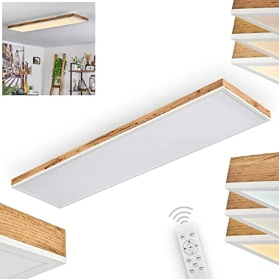 Image de Plafonnier LED Salmi, lampe de plafond en métal/MDF/plastique blanc/imitation bois/marron, panneau dimmable/couleur lumière modifiable avec télécommande, 150 2250 lm, 2700 6500 K, 1 x 36 W