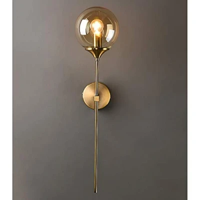 Image de MZStech applique murale industrielle vintage, globe en verre Ambre avec dorée à bras long, pour chevet (Ambre)
