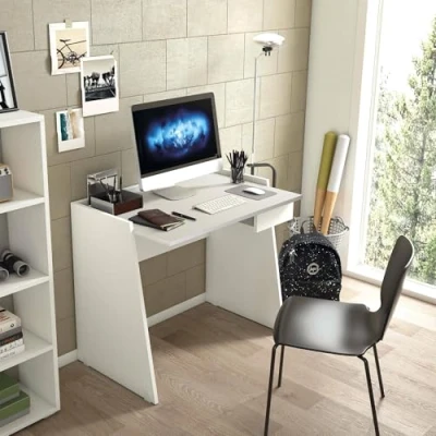 Image de Dmora Moderne avec 1 tiroir, 100% fabriqué en Italie, Table de Studio, Bureau Porte PC, 90 x 60 80 cm, Couleur Blanche, Blanc