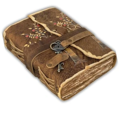 Image de URBAN LEATHER Journal Intime Avec Motif Arbre De Vie, Feuilles Cœur, Pages Rustiques, Anciennes Et Anciennes, Couverture En Cuir, Imprimé, Papier Vierge
