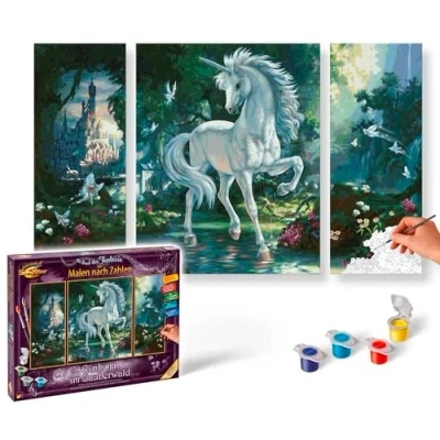Image de Schipper numéros, Licorne dans la forêt enchantée, Images pour Adultes, avec pinceaux et peintures acryliques, triptyque, 50 x 80 cm, 609260866, Blanc, Centre