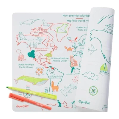 Image de SUPER PETIT Planisphère réversible 100% Silicone et 1 Feutre Jeu pédagogique +3 Ans Billingue Français Anglais découvrir mémoriser méthode Montessori effacable reutilisable Set 40x30 cm