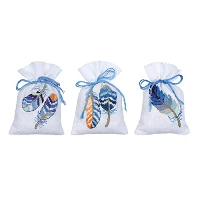 Image de Vervaco Blue Feathers Set of 3 Kit de Point Croix compté, Sac Pot pourri, Coton, Blanc, 8 x 12 cm