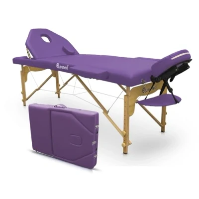 Image de QUIRUMED Elite Table de Massage Pliante en Bois, Couleur Violet, 194 x 70 cm, Similicuir, Portable, Dossier Rabattable, Tête Amovible, Trou pour Le Visage, Hauteur réglable, Jusqu&#039;à 150 kg