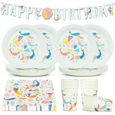 Image de Talking Tables Lot de 50 décorations fête et vaisselle en forme sirène comprenant des fanions réutilisables « Happy Birthday », 16 serviettes, tasses, assiettes carton, nappe jetable sous
