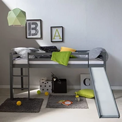 Image de Homestyle4u 1862, Lit Enfant avec Toboggan Sommier Mezzanine Surélevé Superposé pour Enfants Gris Pin 90x200 cm