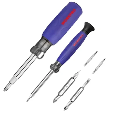 Image de WORKPRO Jeu de Tournevis Multi Embouts en S2, 6 1 et Précision 4 avec l’Embout Réversible (Cruciforme/Plat), 2 Tailles à Ecrou pour l&#039;Electronique