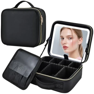 Image de Trousse Maquillage avec Miroir LED Vanity et Trousses à Sac de Make up Organizer Bag Voyage,Noir