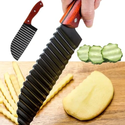 Image de Coupe Frites Couteau à Pommes de Terre Wave en Acier Inoxydable Ondulé Pomme Gaufrer Couper Chip Cutter pour Légumes Oignons (Poignée Bois, Noir)