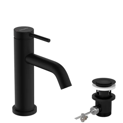 Image de hansgrohe Tecturis S Mitigeur de lavabo avec tirette et vidage, économie d&#039;énergie (CoolStart), Robinet salle bain hauteur sous bec 80 mm, d&#039;eau (EcoSmart+), Noir mat, 73302670