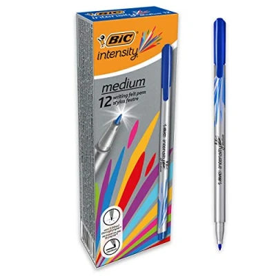 Image de BIC Intensity Feutres d&#039;écriture Pointe Moyenne (0,8 mm) et Corps métallisé Bleu foncé, Boîte de 12