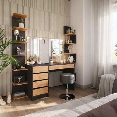 Image de Vicco Coiffeuse Sherry, Anthracite/chêne doré, 120x75cm avec éclairage LED et Tabouret