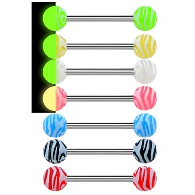 Image de OUFER 7PCS Piercing Langue Acier Chirurgical 316L avec Boule Acrylique Brille dans Le Noir Barre de Percing a la Barbell Ensemble 14G