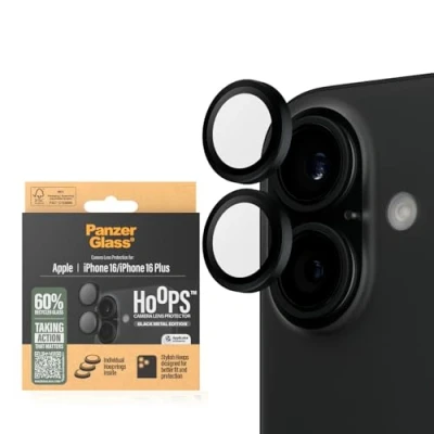 Image de PanzerGlass Hoops Protecteur d&#039;objectif de caméra pour Apple iPhone 16 Plus Protection avec Style, résistant aux Rayures, Chocs, Cadre en Aluminium Noir Aide Montage