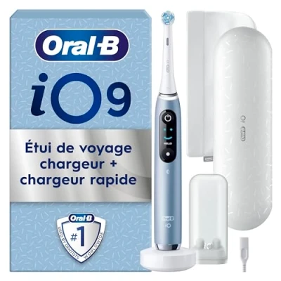 Image de Oral B iO 9 Brosse À Dents Électrique Bleue, Avec Un Capteur De Pression Pour Protéger Les Gencives Sensibles, Des Accessoires, 1 Brossette Douce, Chargeur, Étui Voyage, Édition Spéciale