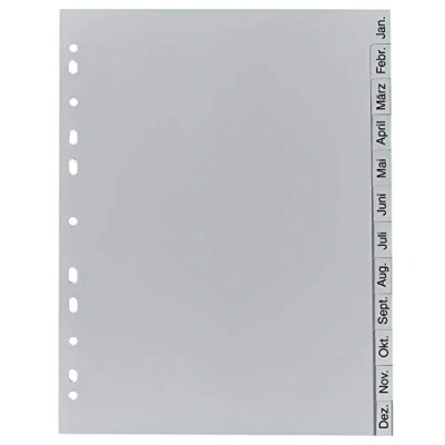 Image de Exacompta Réf 1812B Intercalaires en polypropylène gris 12 touches imprimées janvier à décembre allemand adapté pour un classement de documents au format A4 recyclé