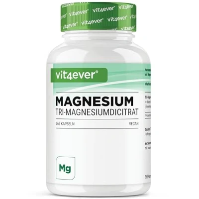 Image de Citrate de Magnésium 365 gélules 2250mg dont 360 mg Elémentaire Par Portion Journalière 100% Dicitrate Tri sans additifs Testé en laboratoire Hautement dosé Vegan