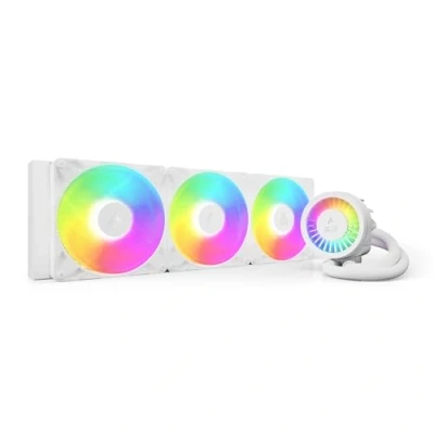 Image de ARCTIC Liquid Freezer III Pro 420 A RGB (blanc) Refroidisseur CPU AIO, 3 x 140 mm refroidissement à eau, radiateur 38 mm, pompe PWM, ventilateur VRM, AMD AM5/AM4, Intel LGA1851/1700 Cadre de contact