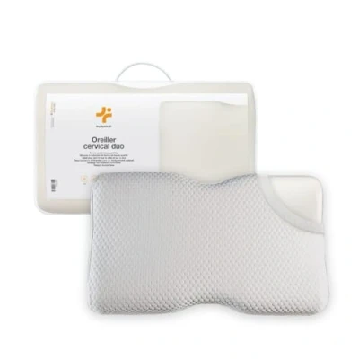Image de inphysio Oreiller Ergonomique Cervical Duo Design Double Face Ajustable (10 ou 12 cm) en Mousse à Mémoire de Forme avec Taie d’Oreiller Bambou Blanche et Coton