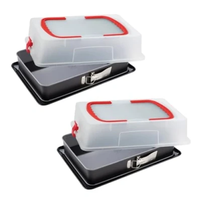 Image de Dr. Oetker 9930650 Lot de 2 moules à charnière rectangulaires avec couvercle transport, plat a lasagne rectangulaire, moule gâteau rectangle, au four, lasagne, Acier, 42 x 29 7 cm
