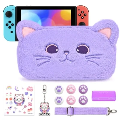 Image de Étui Switch pour NS Switch,Pack d’accessoires 11 en 1 innoAura avec étui de transport Switch,étui jeu Switch,bouchons les pouces Switch,bandoulière amovible(Chat Violet)