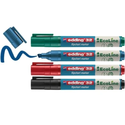 Image de edding 32 EcoLine Marqueur pour chevalets multi couleur étui de 4 stylos pointe biseautée 1 5 mm papier ou tableau conférence ne déborde pas sèche rechargeable