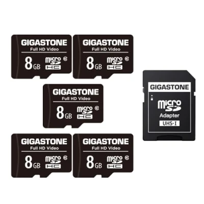 Image de Gigastone Carte Mémoire 8 Go Lot de 5 Cartes, Haute Vitesse Lecture allant jusqu&#039;à 80 Mo/s. idéal pour Portable Full HD Vidéo, U1 C10 Micro SDHC UHS I avec 2 Mini étuis et 1 Adaptateur SD.