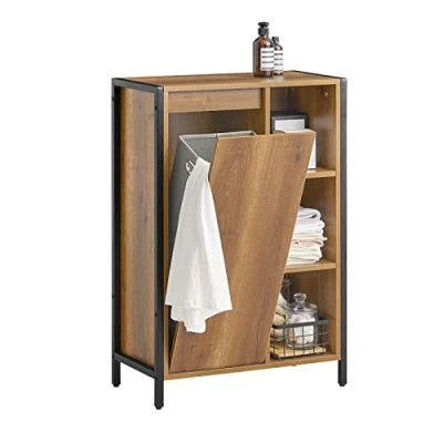 Image de SoBuy Meuble Bas de Salle Bain avec Bac à Linge Commode Armoire Toilette 3 Compartiments et 1 Panier Linge, Style Industriel, 60x30x90 cm, BZR65 PF