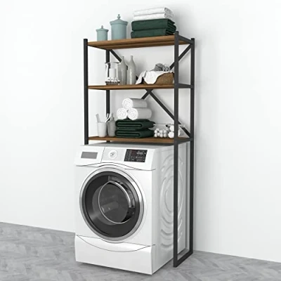 Image de [en.casa] Étagère de Salle Bain Meuble Rangement pour Cadrer Lave Linge Sèche Toilettes Panneau Particules Métal 160 x 66 34 cm Noir Effet Noyer