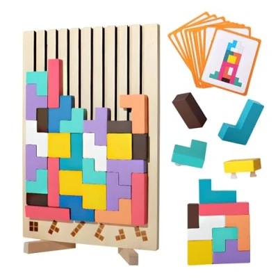 Image de Puzzle en bois Tetris,Jouets éducatifs,Jeux Montessori 3 4 5 6 ans, Intelligence Jigsaw ,Cerveau Jouet, Coloré Blocs Géométriques Tetris, Cadeau Parfait pour Enfant