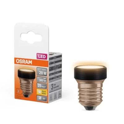 Image de OSRAM LED Star Flat mit 3.5 W (wie 28W), 300lm/2700K, 827 warmweiß, frosted, Kunststoff in Schwarz, E27 Schraubgewinde, nicht dimmbar, 35 mm Durchmesser.