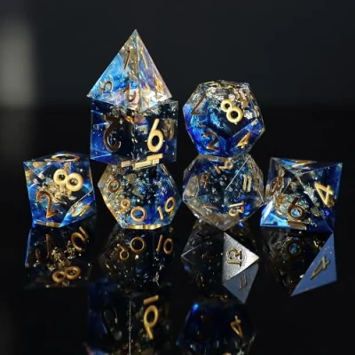 Image de Dés DND Set 7 pièces Résine Polyédriques Sharp Edge Dice Faits à la Main pour Donjons D4 D6 D8 D10 D12 D20 D% Dragons MTG Ttrpg Pathfinder RPG Jeu de Role avec Boîte Cadeau