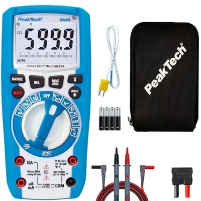 Image de PeakTech 3443 Multimètre Numérique avec Lumière LED, Étanche (IP67), 6000 counts, Boîtier Extrêmement Robuste, de Poche, Voltmètre, Testeur Continuité CAT III 1000V