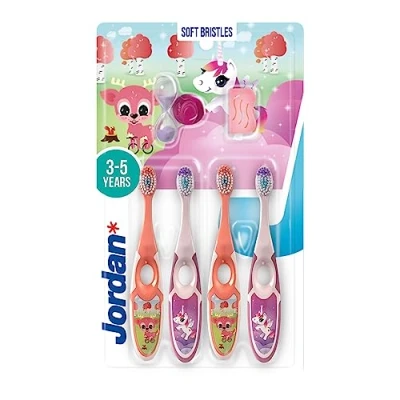 Image de Jordan ® Step 2 Brosse à dents pour enfants de 3 5 ans Poils souples, double poignée ergonomique et sans BPA Couleur rose jaune Pack 4 unités