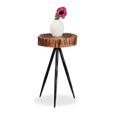 Image de Relaxdays, nature d&#039;appoint en bois de manguier, tronc d’arbre, pieds métalliques, salon, Table chevet ronde, 50cm haut, fer, 1 élément