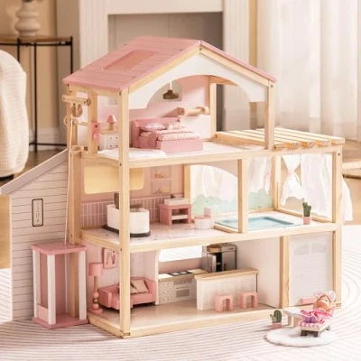 Image de ROBUD Maison de poupée en Bois, Villa avec Meubles, Ascenseur, Garage, pavillon et Piscine, Cadeau pour Enfants à partir 3, 4, 5, 6 Ans Plus, Rose
