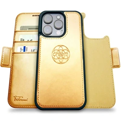 Image de dreem Fibonacci Compatible avec iPhone 14 Pro funda cartera / 2 en 1 étui Antichoc et Folio Amovible Cuir végétal, MagSafe, Protection RFID [Or]
