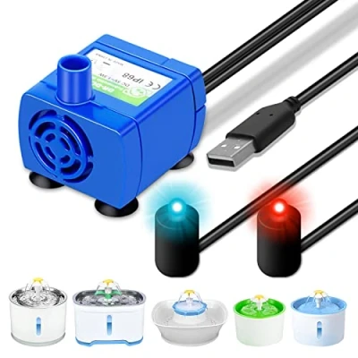 Image de Pompe Rechange Fontaine Chat Pompe: Ultra Silencieuse avec Mini Pompes LED pour Animaux Compagnie, Remplacement Submersible Fleurs